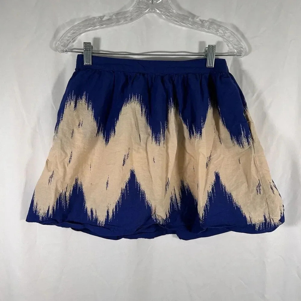 MNG Mango Mini Skirt Women's 4 Blue Cream Print Zip Side Unlined